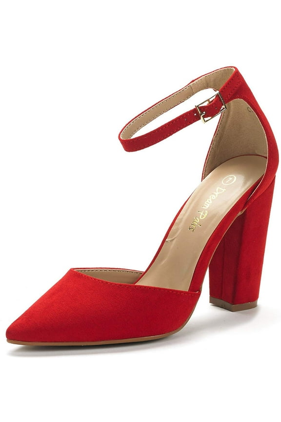 Women Ankle Strap Pump Shoes Pointed Toe High Chunky Heel Dress Pump Shoes COCO RED/SUEDE Size 11