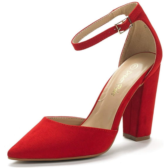 Dream Pairs Women Ankle Strap Pump Shoes Pointed Toe High Chunky Heel Dress Pump Shoes COCO RED/SUEDE Size 7