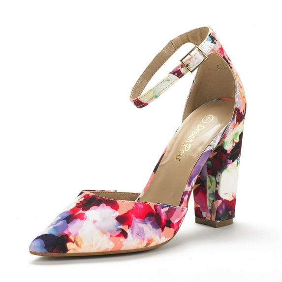 Dream Pairs Women Ankle Strap Pump Shoes Pointed Toe High Chunky Heel Dress Pump Shoes Coco Floral Size 8