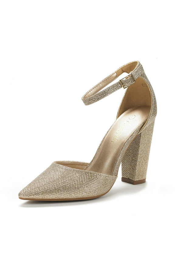 Women Ankle Strap Pump Shoes Pointed Toe High Chunky Heel Dress Pump Shoes Coco Gold/Glitter Size 6