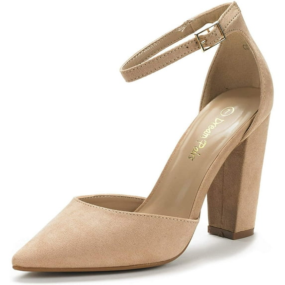 Dream Pairs Women Ankle Strap Pump Shoes Pointed Toe High Chunky Heel Dress Pump Shoes Coco Nude/Suede Size 5.5