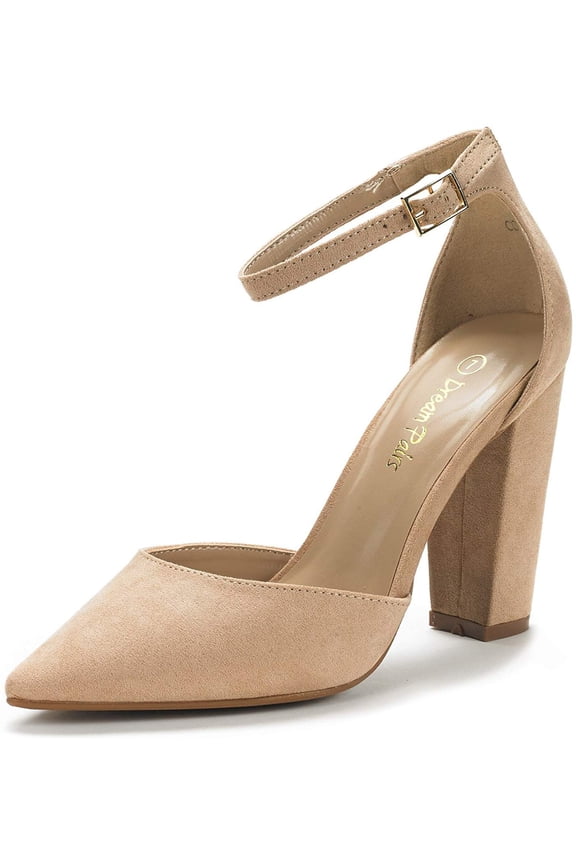 Women Ankle Strap Pump Shoes Pointed Toe High Chunky Heel Dress Pump Shoes Coco Nude/Suede Size 7.5