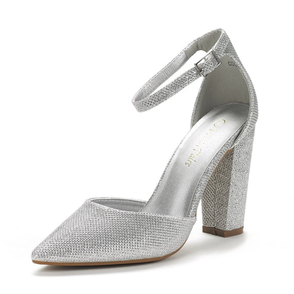 Dream Pairs Women Ankle Strap Pump Shoes Pointed Toe High Chunky Heel Dress Pump Shoes Coco Silver/Glitter Size 5.5