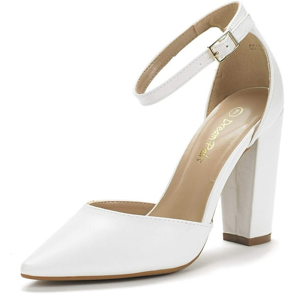 Dream Pairs Women Ankle Strap Pump Shoes Pointed Toe High Chunky Heel Dress Pump Shoes Coco White/Pu Size 8