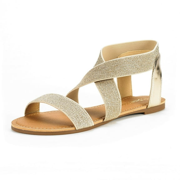 Dream Pairs Women Elastic Ankle Strap Flats Sandals Summer Casual Street Flats Sandals Elatica-6 Gold/Pu Size 10