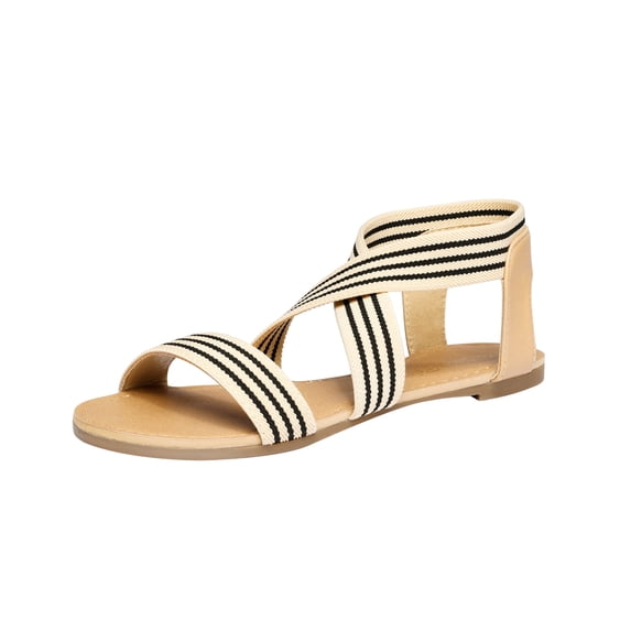 Dream Pairs Women Elastic Ankle Strap Flats Sandals Summer Casual Street Flats Sandals Elatica-6 Nude/Strips Size 9