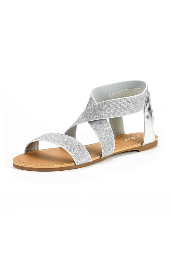 Women Elastic Ankle Strap Flats Sandals Summer Casual Street Flats Sandals Elatica-6 Silver/Pu Size 11
