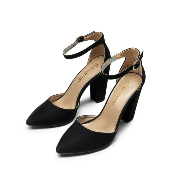 Dream Pairs Women Fashion Ankle Strap Pump Shoes High Chunky Heel Pump Shoes Pointed Toe Dress Shoes For Women COCO BLACK/SUEDE Size 9.5