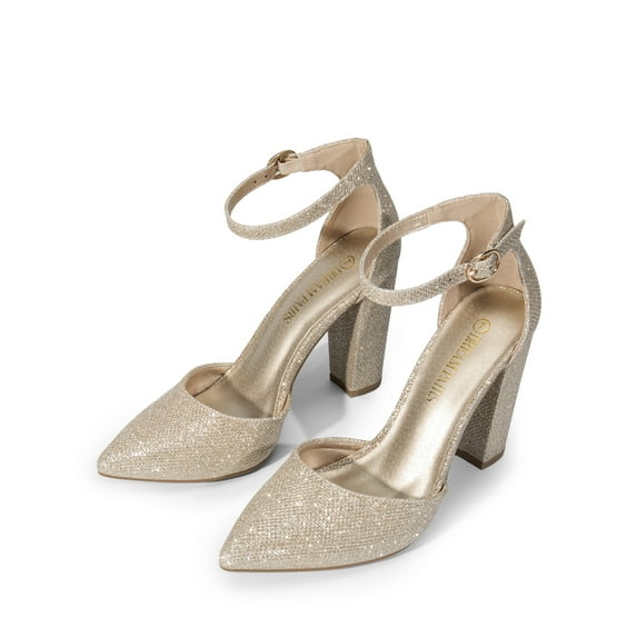 Dream Pairs Women Fashion Ankle Strap Pump Shoes High Chunky Heel Pump Shoes Pointed Toe Dress Shoes For Women COCO GOLD/GLITTER Size 5