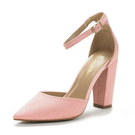Dream Pairs Women Fashion Ankle Strap Pump Shoes High Chunky Heel Pump Shoes Pointed Toe Dress Shoes For Women COCO PINK/SUEDE Size 5
