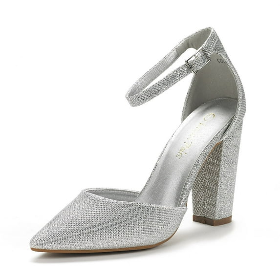 Dream Pairs Women Fashion Ankle Strap Pump Shoes High Chunky Heel Pump Shoes Pointed Toe Dress Shoes For Women COCO SILVER/GLITTER Size 8.5