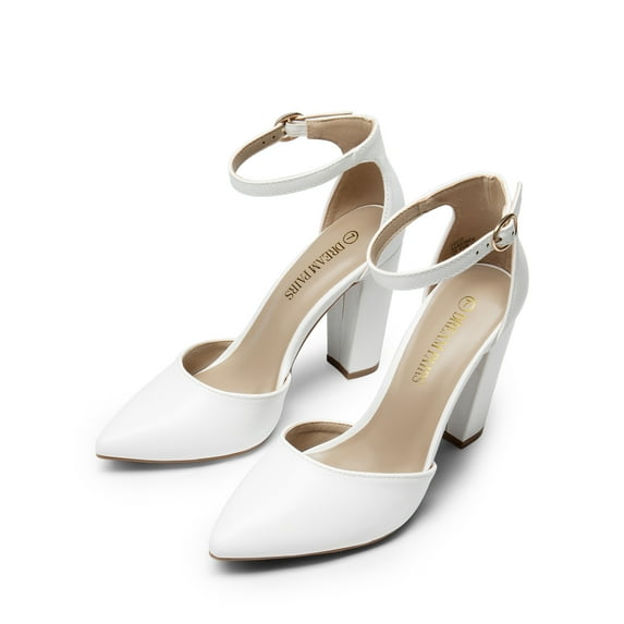 Dream Pairs Women Fashion Ankle Strap Pump Shoes High Chunky Heel Pump Shoes Pointed Toe Dress Shoes For Women COCO WHITE/PU Size 10