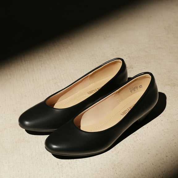 Dream Pairs Women Fashion Low Chunky Heel Pump Shoes Slip On Round Toe Shoes Mila Black/Pu Size 7.5