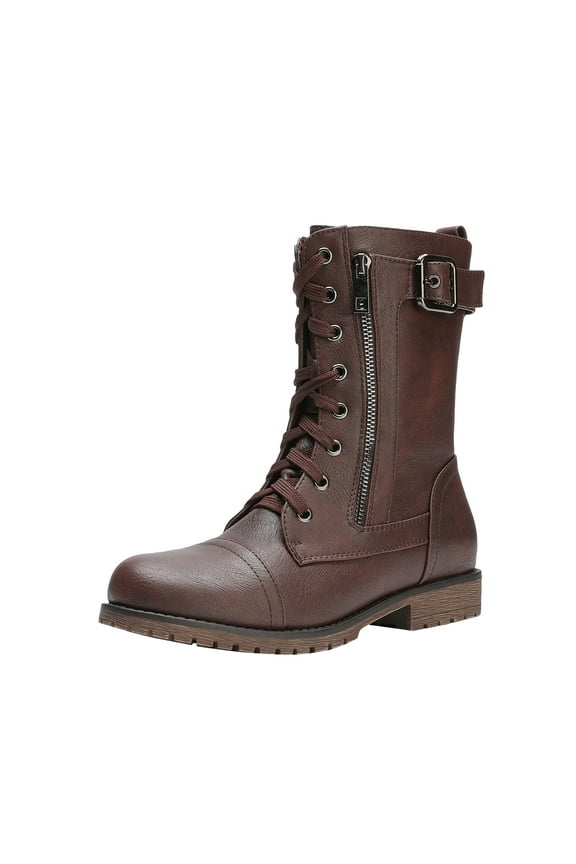 Women Fashion Military Combat Boots Lace Up Mid Calf Boots Comfort Walking Boots Shoes for Women Mission Burgundy Size 9