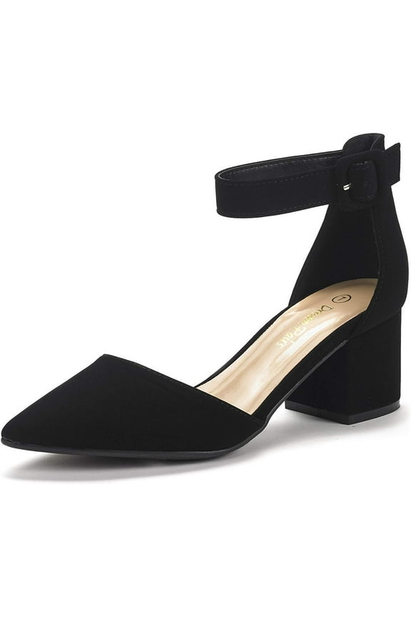 Women Fashion Pump Shoes Ankle Strap Pointed Toe Low Chunky Dress Shoes ANNEE BLACK/NUBUCK Size 8