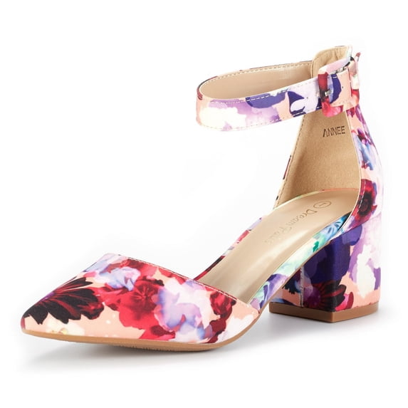Dream Pairs Women Fashion Pump Shoes Ankle Strap Pointed Toe Low Chunky Dress Shoes ANNEE FLORAL Size 8