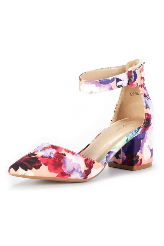 Women Fashion Pump Shoes Ankle Strap Pointed Toe Low Chunky Dress Shoes ANNEE FLORAL Size 8