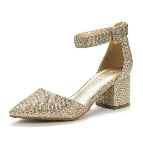Dream Pairs Women Fashion Pump Shoes Ankle Strap Pointed Toe Low Chunky Dress Shoes ANNEE GOLD/GLITTER Size 5.5