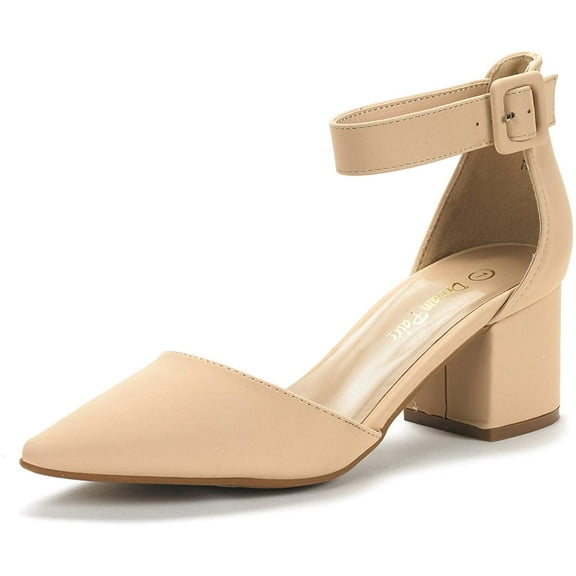 Dream Pairs Women Fashion Pump Shoes Ankle Strap Pointed Toe Low Chunky Dress Shoes ANNEE NUDE/NUBUCK Size 8.5