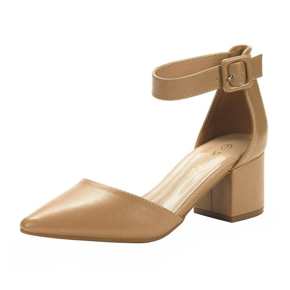 Dream Pairs Women Fashion Pump Shoes Ankle Strap Pointed Toe Low Chunky Dress Shoes ANNEE NUDE/PU Size 6.5