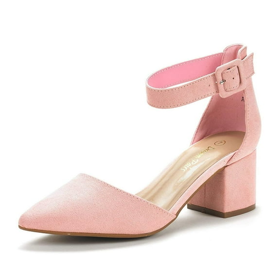 Dream Pairs Women Fashion Pump Shoes Ankle Strap Pointed Toe Low Chunky Dress Shoes ANNEE PINK/SUEDE Size 11