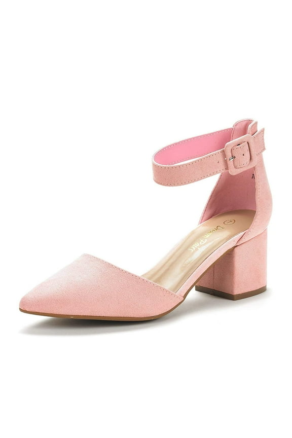 Women Fashion Pump Shoes Ankle Strap Pointed Toe Low Chunky Dress Shoes ANNEE PINK/SUEDE Size 11