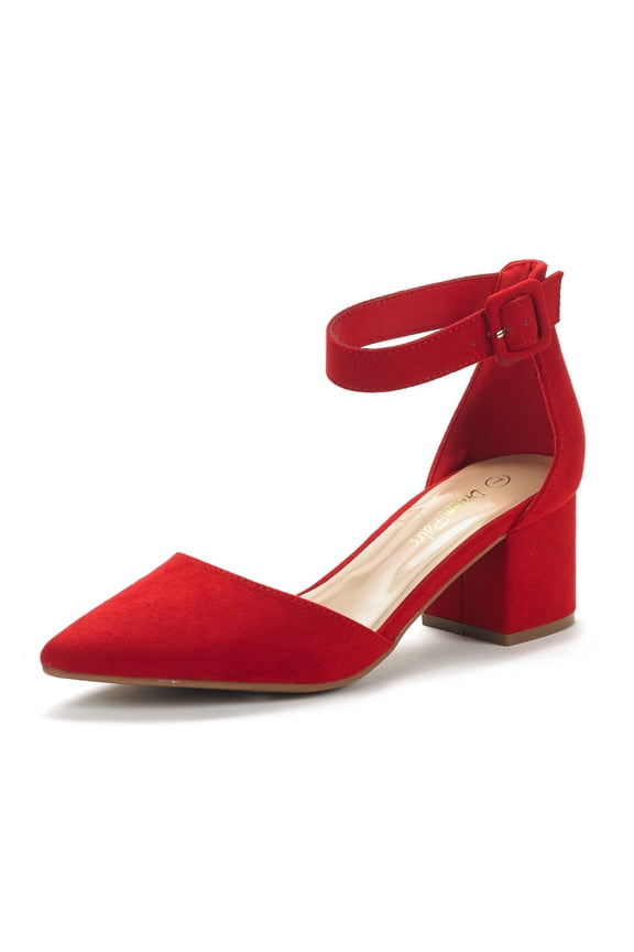 Women Fashion Pump Shoes Ankle Strap Pointed Toe Low Chunky Dress Shoes ANNEE RED/SUEDE Size 11