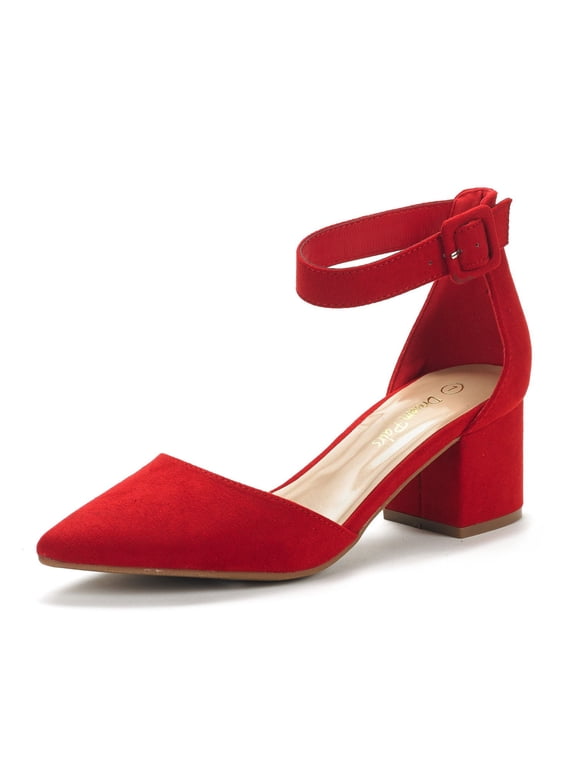 Women Fashion Pump Shoes Ankle Strap Pointed Toe Low Chunky Dress Shoes ANNEE RED/SUEDE Size 5