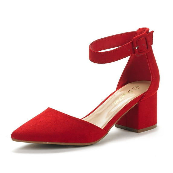 Dream Pairs Women Fashion Pump Shoes Ankle Strap Pointed Toe Low Chunky Dress Shoes ANNEE RED/SUEDE Size 5