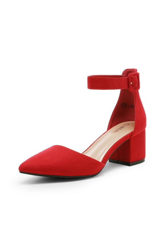 Women Fashion Pump Shoes Ankle Strap Pointed Toe Low Chunky Dress Shoes ANNEE RED/SUEDE Size 6