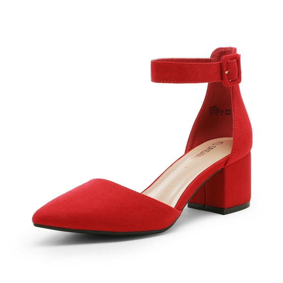 Dream Pairs Women Fashion Pump Shoes Ankle Strap Pointed Toe Low Chunky Dress Shoes ANNEE RED/SUEDE Size 8.5