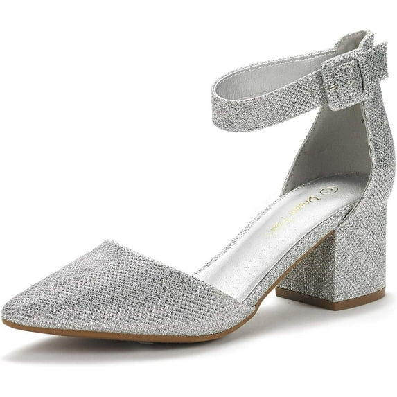 Dream Pairs Women Fashion Pump Shoes Ankle Strap Pointed Toe Low Chunky Dress Shoes ANNEE SILVER/GLITTER Size 7.5