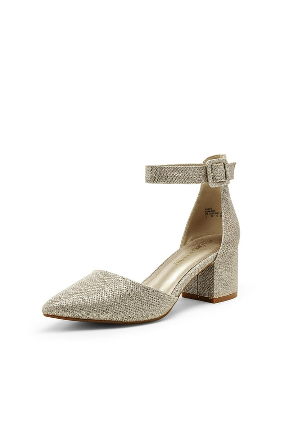 Women Fashion Pump Shoes Ankle Strap Pointed Toe Low Chunky Dress Shoes ANNEE