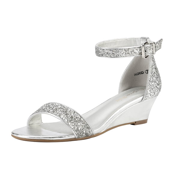 Dream Pairs Women Low Wedge Heel Sandals Open Toe Ankle Strap Buckle Lady Work Casual Shoes INGRID SILVER/GLITTER Size 10