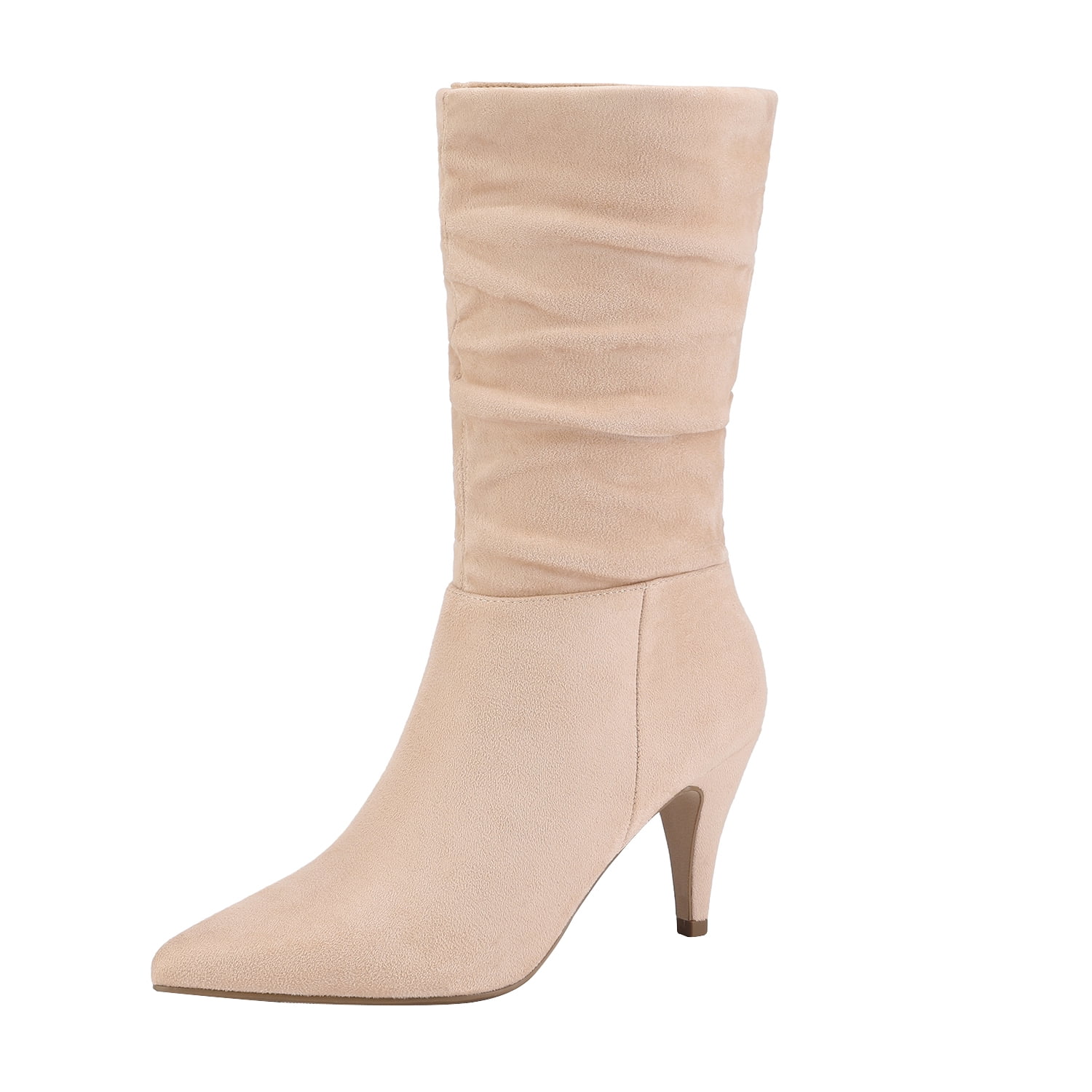 WAYDERNS Women's Pointed Toe Suede Boots - 3.5 Inch Block Heel Mid Calf Boots With Side Zipper