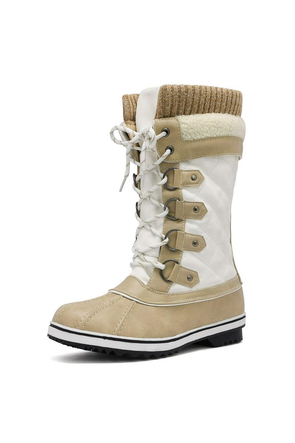 Women Waterproof Winter Warm Snow Faux Fur Lined Flat Mid Calf Boots MONTE_02 BEIGE/WHITE Size 10