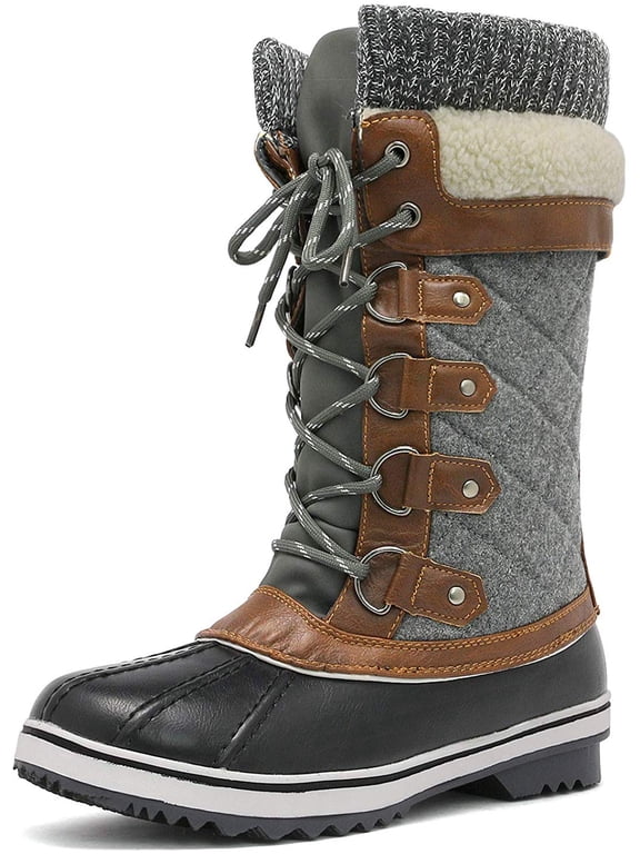 Women Waterproof Winter Warm Snow Faux Fur Lined Flat Mid Calf Boots MONTE_02 BLACK/GREY Size 9