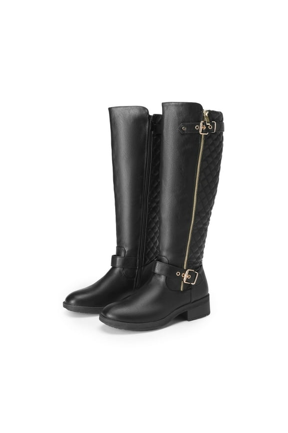 Women Wide Calf Low Heel Knee High Ladies Side Zip Motorcycle Riding Boots Shoes Black Size 12