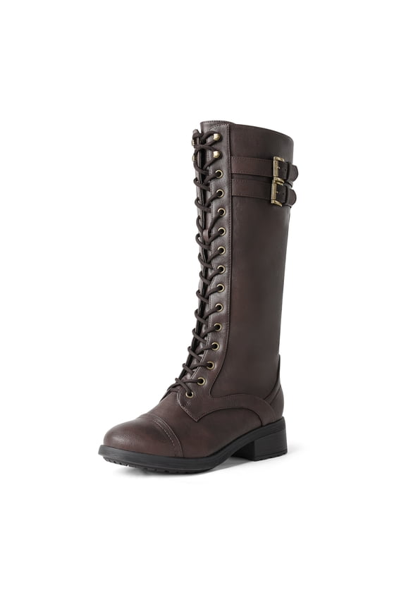 Women PU Knee-High Combat Riding Boots – Square-Toe, Lace-Up & Buckle Straps, Side-Zip Tall Boots for Fall & Winter