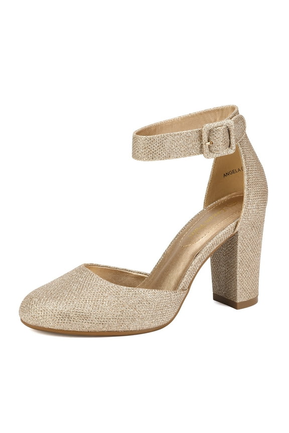 Women's Ankle Strap Close Toe Chunky High Heel Pump Dress Shoes Angela Gold/Glitter Size 5