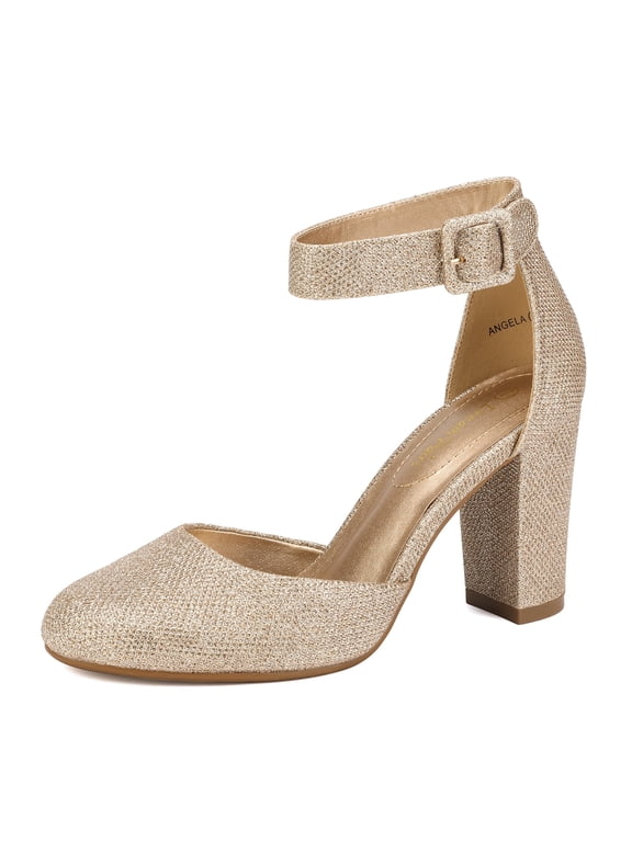 Women's Ankle Strap Close Toe Chunky High Heel Pump Dress Shoes Angela Gold/Glitter Size 8