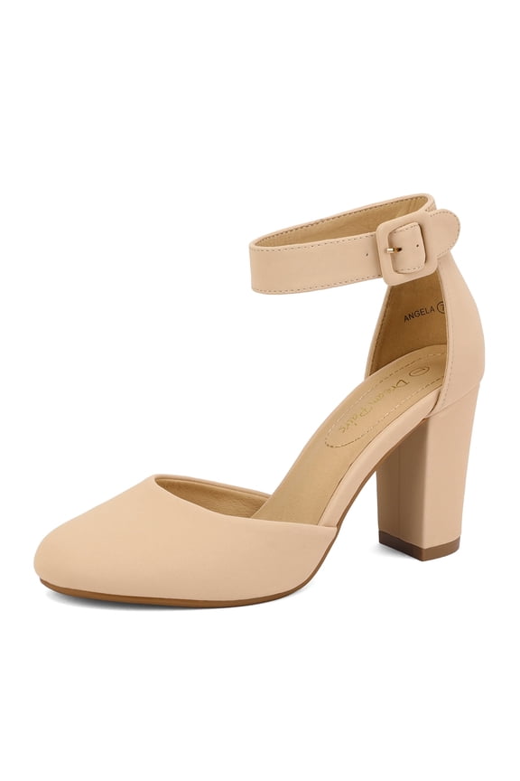 Women's Ankle Strap Close Toe Chunky High Heel Pump Dress Shoes Angela Nude/Nubuck Size 7