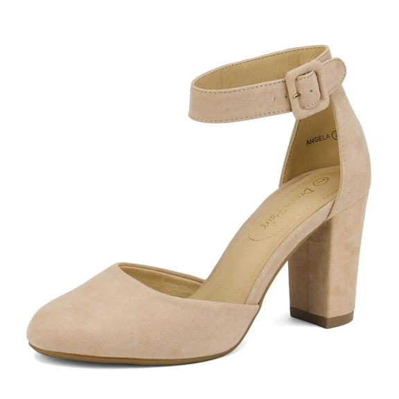 Dream Pairs Women's Ankle Strap Close Toe Chunky High Heel Pump Dress Shoes Angela Nude/Suede Size 8
