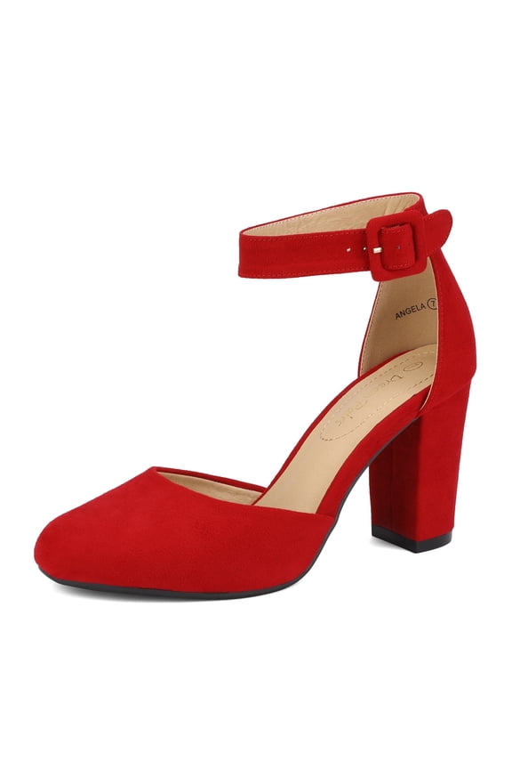 Women's Ankle Strap Close Toe Chunky High Heel Pump Dress Shoes Angela Red/Suede Size 8