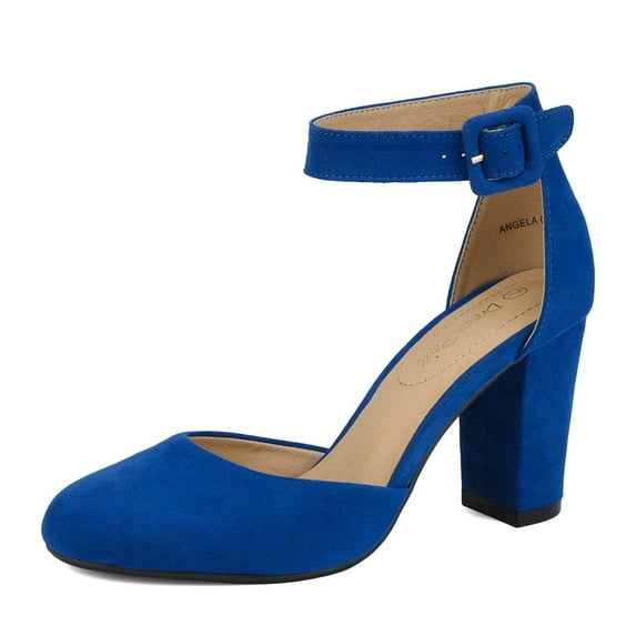 Dream Pairs Women's Ankle Strap Close Toe Chunky High Heel Pump Dress Shoes Angela Royal/Blue/Suede Size 6