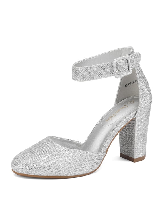 Women's Ankle Strap Close Toe Chunky High Heel Pump Dress Shoes Angela Silver/Glitter Size 10