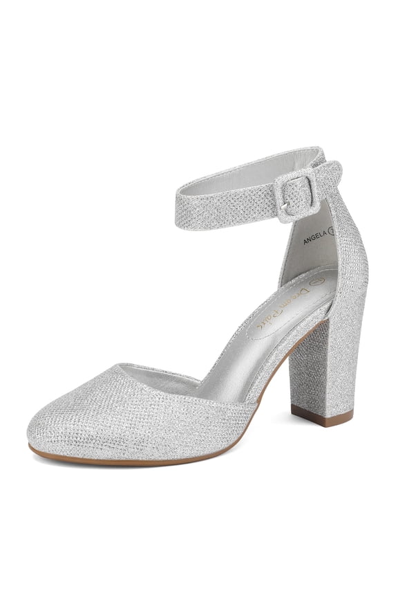 Women's Ankle Strap Close Toe Chunky High Heel Pump Dress Shoes Angela Silver/Glitter Size 6
