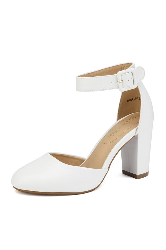 Women's Ankle Strap Close Toe Chunky High Heel Pump Dress Shoes Angela White/Pu Size 5