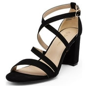 BURUDANI Women's Ankle Strap Dress Pump Low Chunky Heel Sandals BLACK/SUEDE Size 8