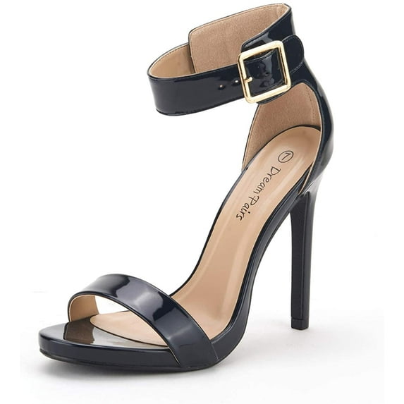 BURUDANI Women's Ankle Strap Open Toe Stilettos High Heel Sandals Party Dress Navy/Pat Size 7